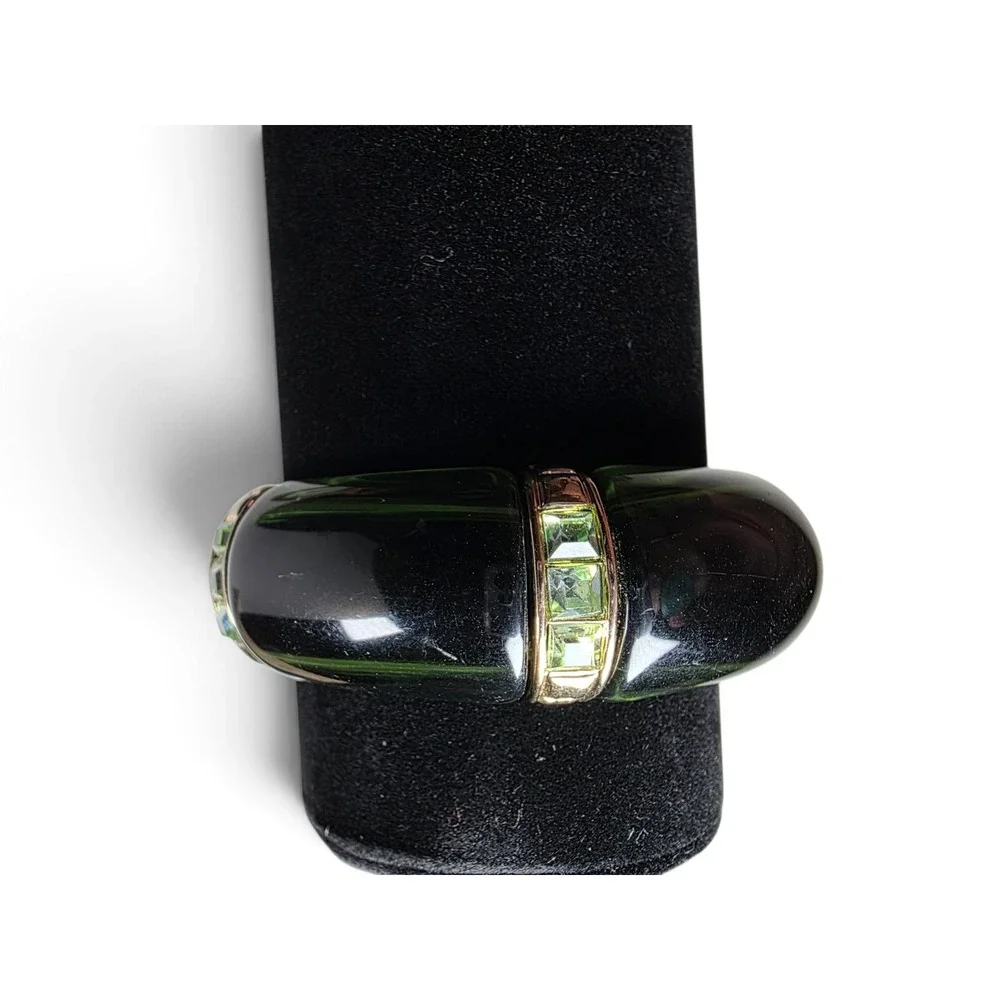 Vintage Olive Green Lucite Segmented Stretch Bracelet Gold Tone Crystal Accents